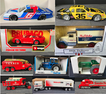 collectable toy cars and tractors, trains